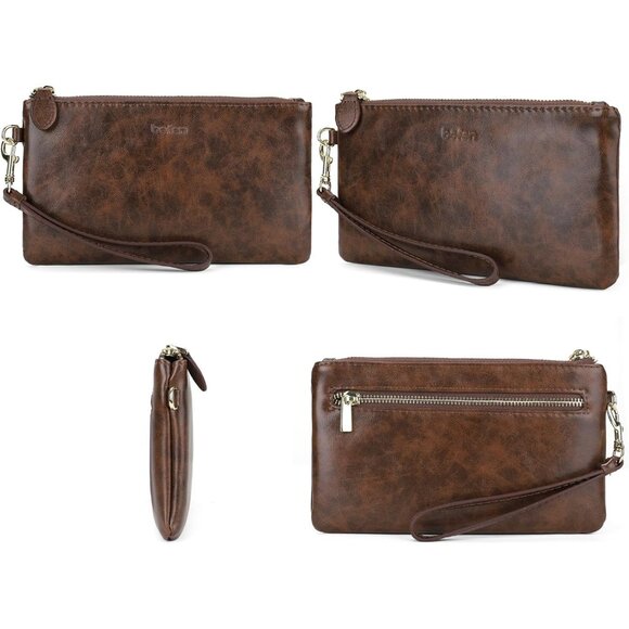 Genuine Leather Wristlet Clutch Wallet Purse Crazy Horse Leather Brown - Picture 5 of 5